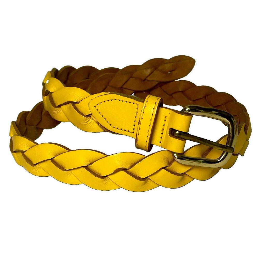 Vintage ZELE Women's Handbraided Leather Belt Yellow Size 28 Small Brass Buckle